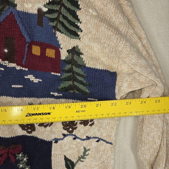 Vintage Sweater Nut Cracker Cardigan XL Beige Christmas Party Deer Forest Cabin - Picture 4 of 11